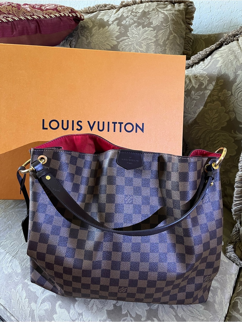 Louis Vuitton Damier Ebene Shoulder Bag with Red Interior and Gold Hardware - Picture 1 of 4